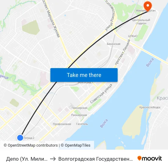 Депо (Ул. Милиционера Буханцева) to Волгоградская Государственная Академия Физической Культуры map