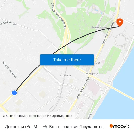 Двинская (Ул. Маршала Рокоссовского) to Волгоградская Государственная Академия Физической Культуры map