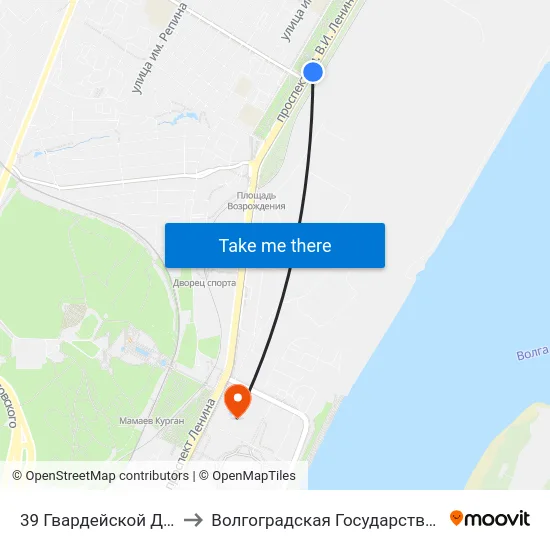 39 Гвардейской Дивизии (Проспект Ленина) to Волгоградская Государственная Академия Физической Культуры map
