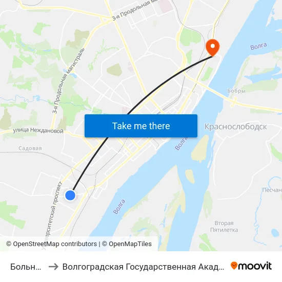 Больница №7 to Волгоградская Государственная Академия Физической Культуры map