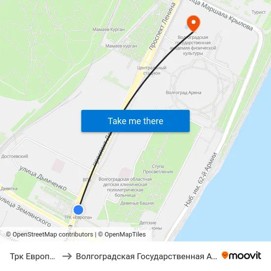Трк Европа Сити Молл to Волгоградская Государственная Академия Физической Культуры map
