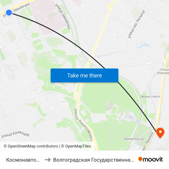Космонавтов (Ул. Землячки) to Волгоградская Государственная Академия Физической Культуры map