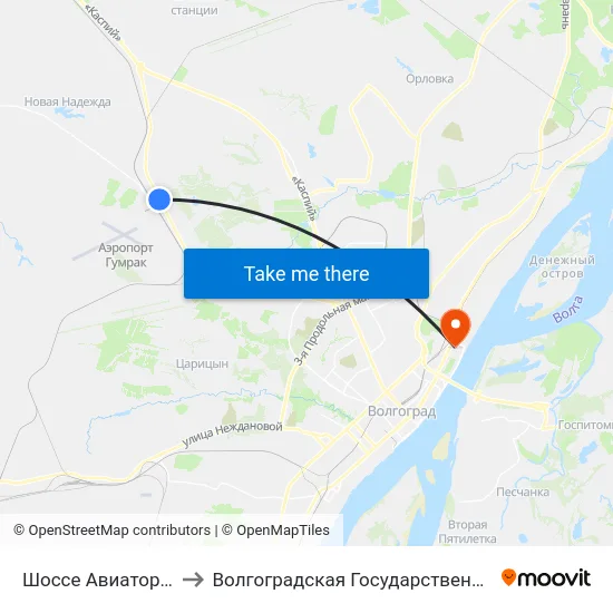 Шоссе Авиаторов (По Требованию) to Волгоградская Государственная Академия Физической Культуры map