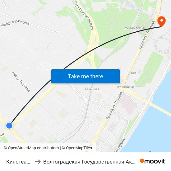 Кинотеатр Родина to Волгоградская Государственная Академия Физической Культуры map
