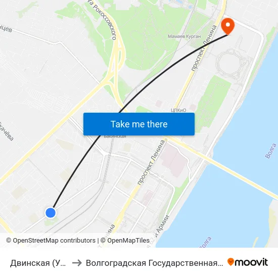 Двинская (Ул. Пархоменко) to Волгоградская Государственная Академия Физической Культуры map