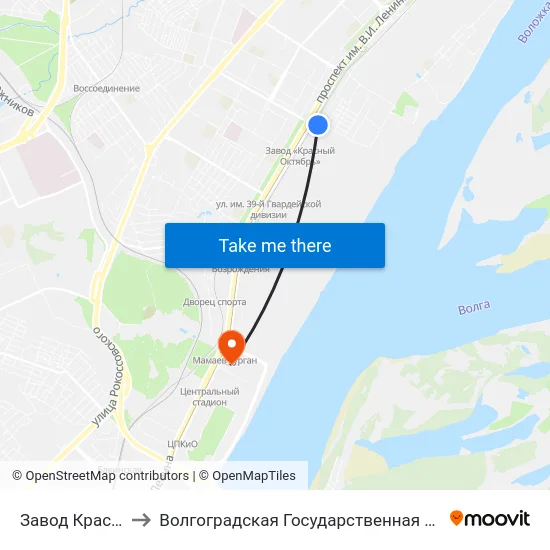 Завод Красный Октябрь to Волгоградская Государственная Академия Физической Культуры map