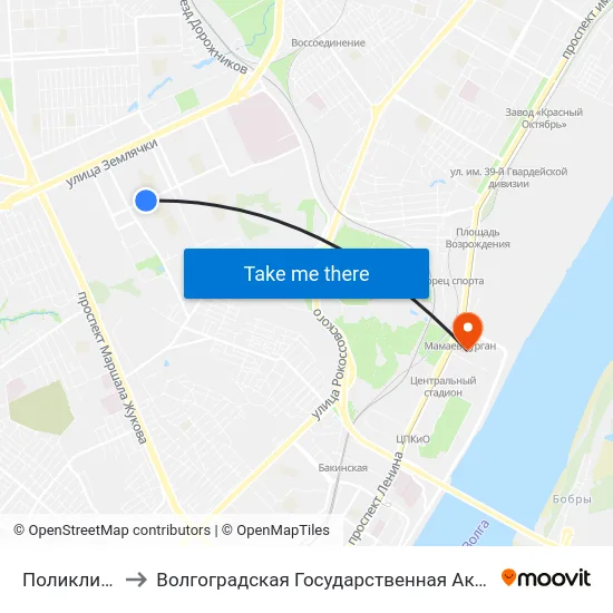 Поликлиника №28 to Волгоградская Государственная Академия Физической Культуры map