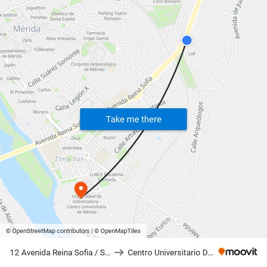 12 Avenida Reina Sofia / Salesianos to Centro Universitario De Mérida map