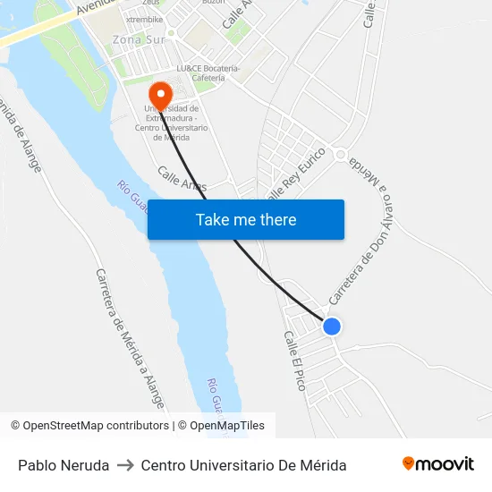 Pablo Neruda to Centro Universitario De Mérida map