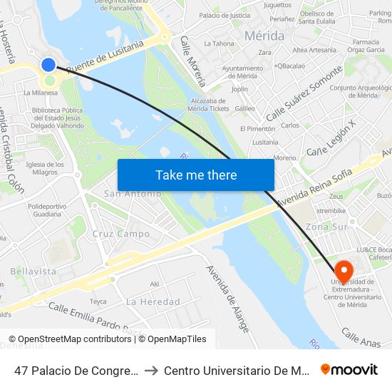 47 Palacio De Congresos to Centro Universitario De Mérida map