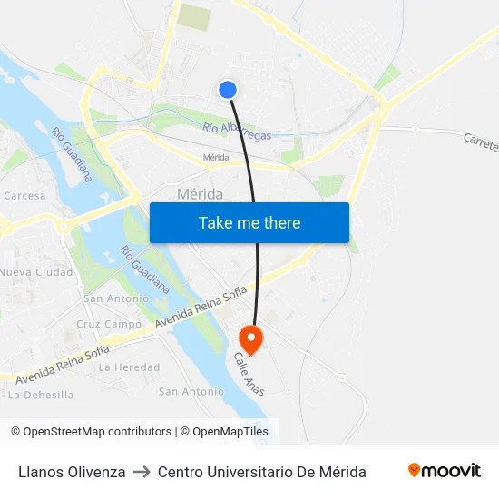 Llanos Olivenza to Centro Universitario De Mérida map
