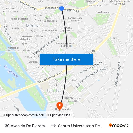 30 Avenida De Extremadura to Centro Universitario De Mérida map