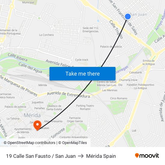 19 Calle San Fausto / San Juan to Mérida Spain map