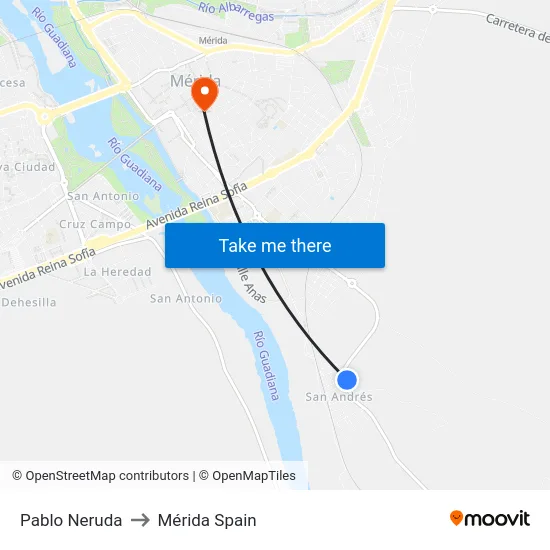 Pablo Neruda to Mérida Spain map