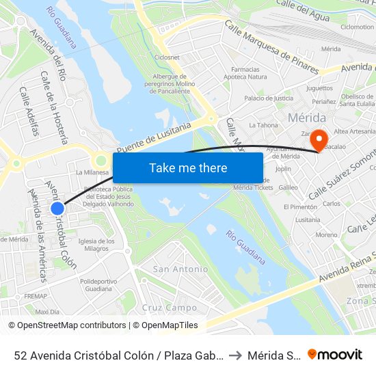 52 Avenida Cristóbal Colón / Plaza Gabriel Y Galán to Mérida Spain map