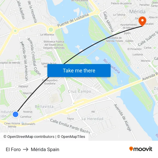 El Foro to Mérida Spain map