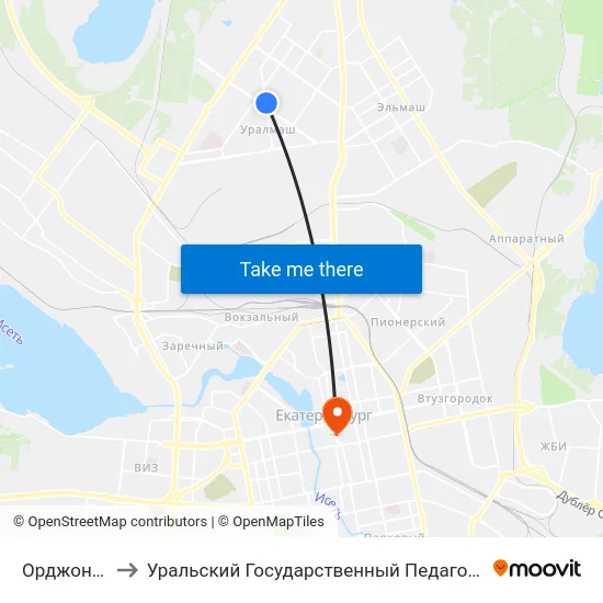 Орджоникидзе to Уральский Государственный Педагогический Университет map