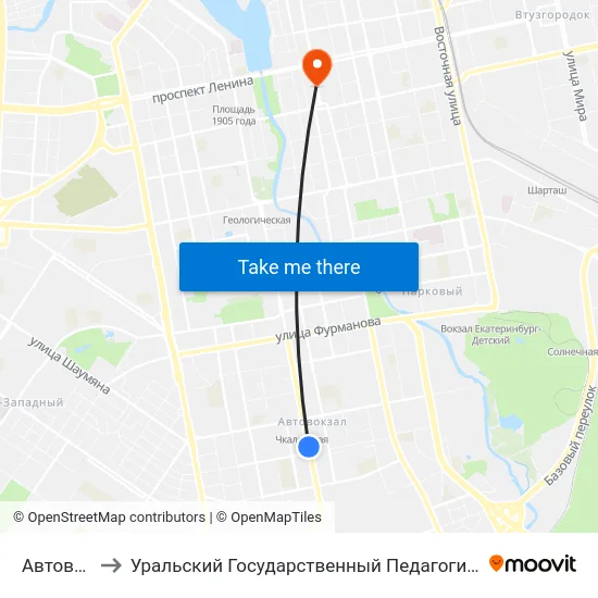 Автовокзал to Уральский Государственный Педагогический Университет map