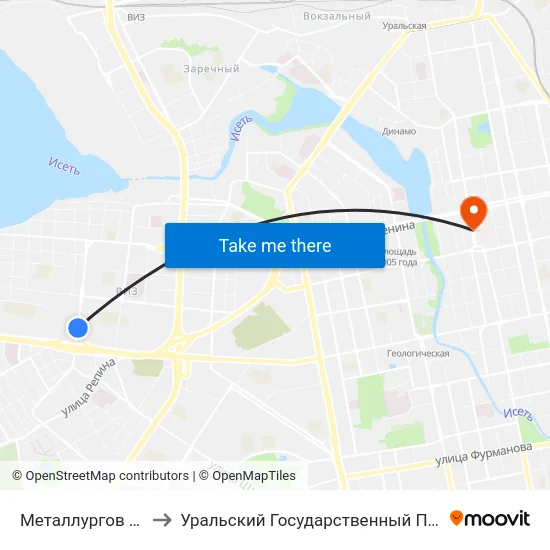 Металлургов (Ул. Викулова) to Уральский Государственный Педагогический Университет map