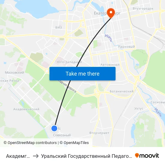 Академгородок to Уральский Государственный Педагогический Университет map