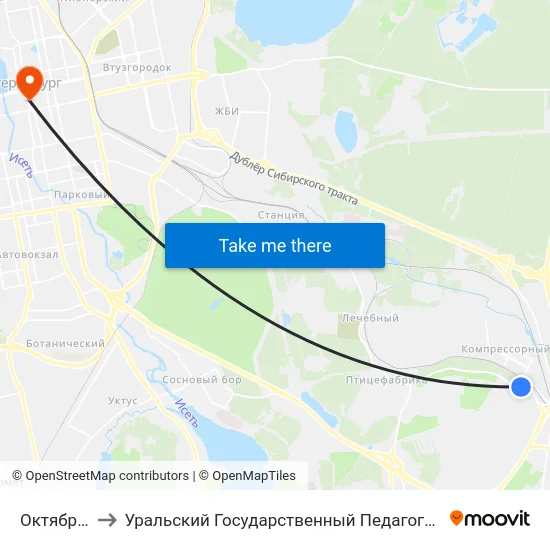 Октябрьская to Уральский Государственный Педагогический Университет map