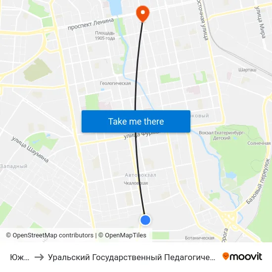 Южная to Уральский Государственный Педагогический Университет map