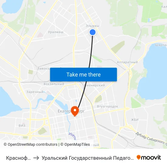 Краснофлотцев to Уральский Государственный Педагогический Университет map