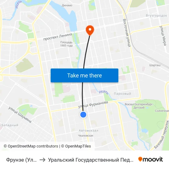 Фрунзе (Ул. 8 Марта) to Уральский Государственный Педагогический Университет map