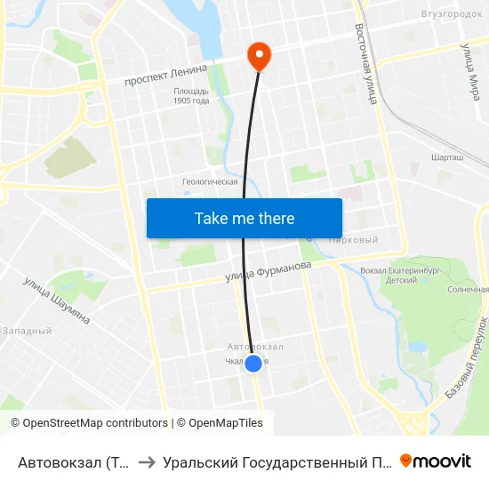 Автовокзал (Трц Мегаполис) to Уральский Государственный Педагогический Университет map