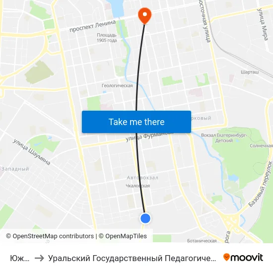 Южная to Уральский Государственный Педагогический Университет map