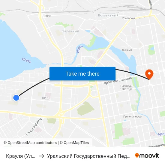 Крауля (Ул. Рабочих) to Уральский Государственный Педагогический Университет map