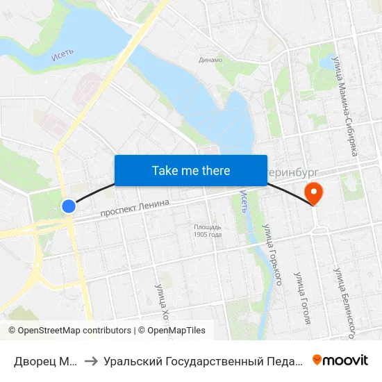Дворец Молодёжи to Уральский Государственный Педагогический Университет map