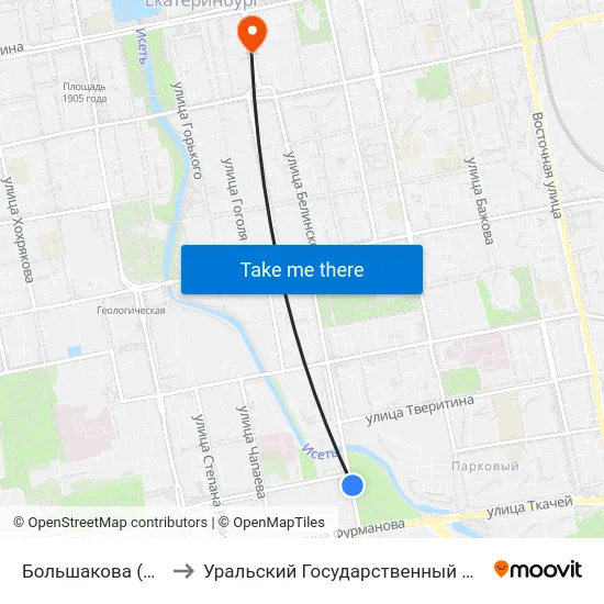 Большакова (Ул. Белинского) to Уральский Государственный Педагогический Университет map