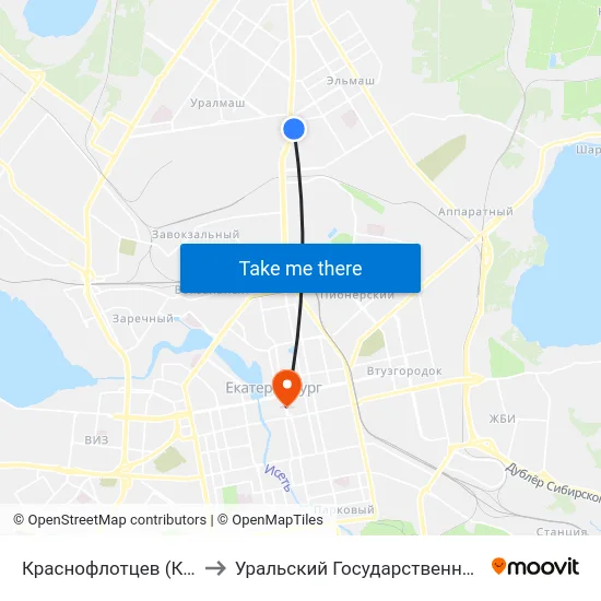 Краснофлотцев (Космонавтов Проспект) to Уральский Государственный Педагогический Университет map