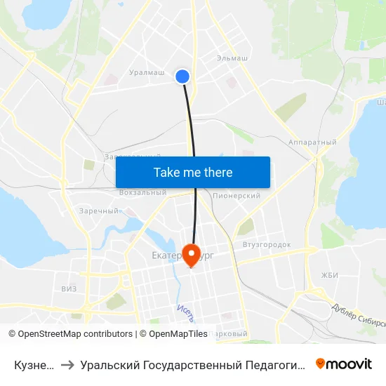 Кузнецова to Уральский Государственный Педагогический Университет map