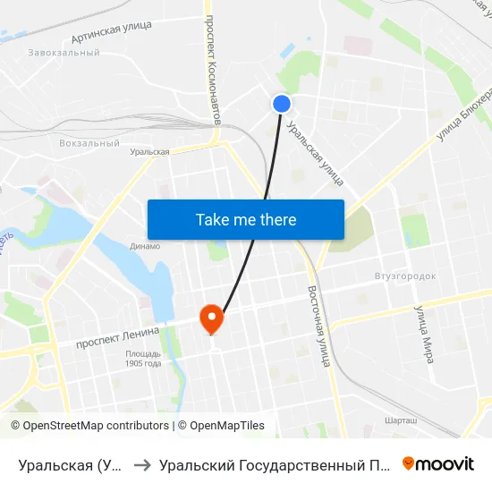Уральская (Ул. Смазчиков) to Уральский Государственный Педагогический Университет map