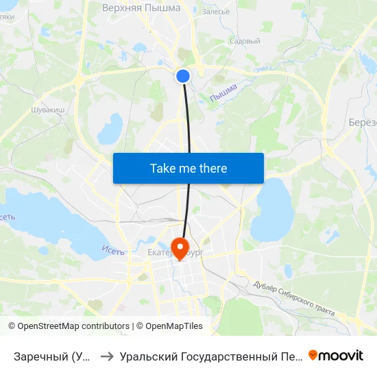 Заречный (Ул. Берёзовая) to Уральский Государственный Педагогический Университет map