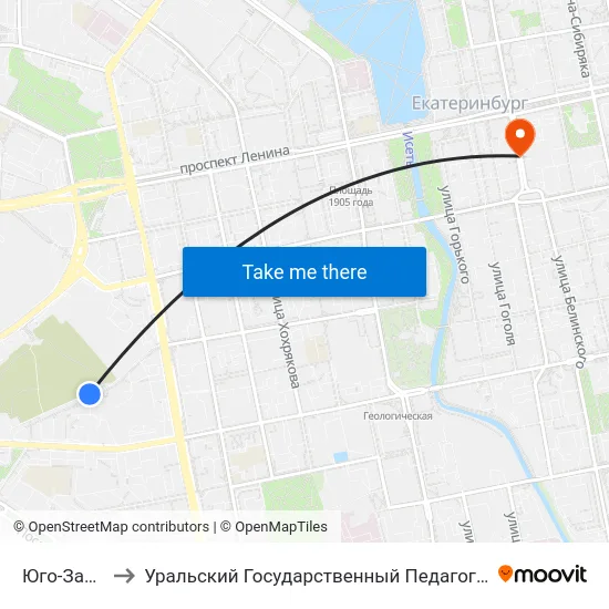 Юго-Западная to Уральский Государственный Педагогический Университет map