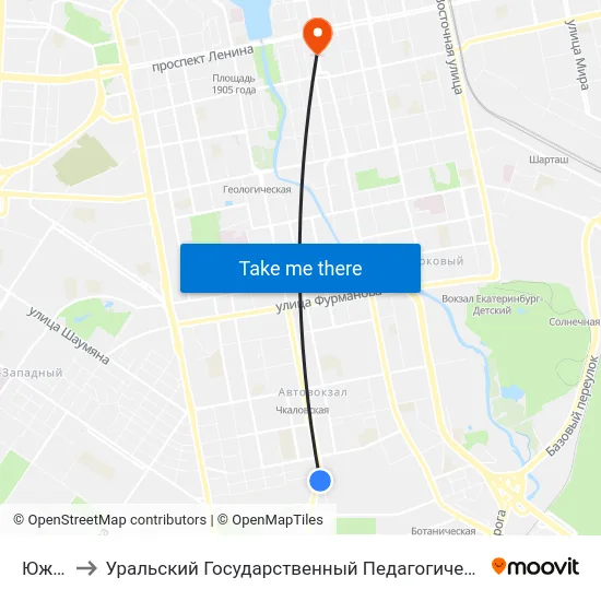 Южная to Уральский Государственный Педагогический Университет map