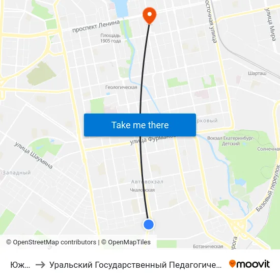 Южная to Уральский Государственный Педагогический Университет map