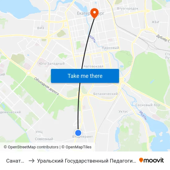 Санаторная to Уральский Государственный Педагогический Университет map