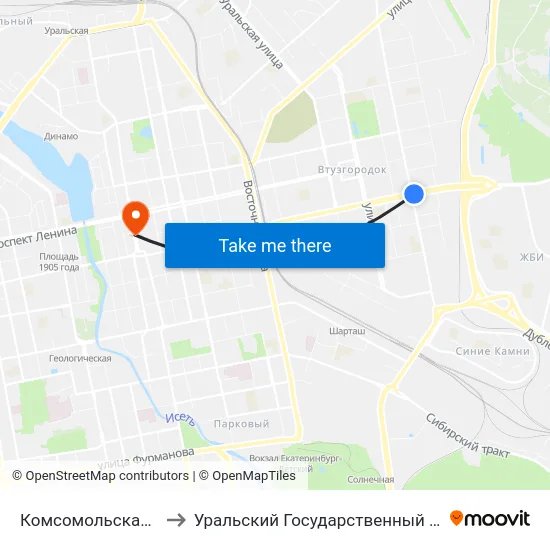 Комсомольская (Ул. Малышева) to Уральский Государственный Педагогический Университет map