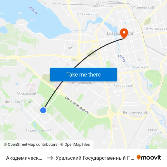 Академический Микрорайон to Уральский Государственный Педагогический Университет map