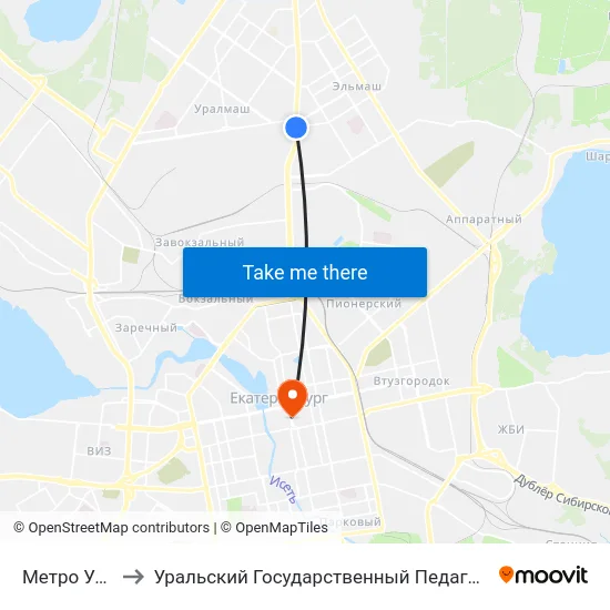 Метро Уралмаш to Уральский Государственный Педагогический Университет map