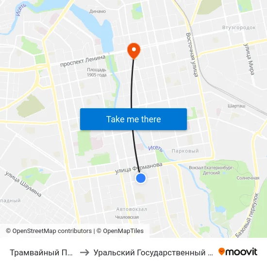 Трамвайный Парк (Ул. Чапаева) to Уральский Государственный Педагогический Университет map