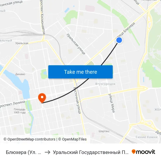 Блюхера (Ул. Студенческая) to Уральский Государственный Педагогический Университет map