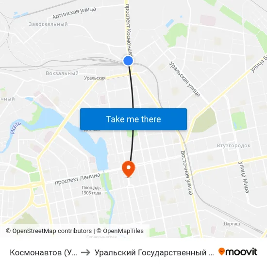 Космонавтов (Ул. Завокзальная) to Уральский Государственный Педагогический Университет map