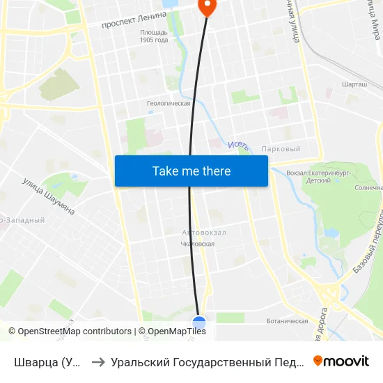 Шварца (Ул. 8 Марта) to Уральский Государственный Педагогический Университет map