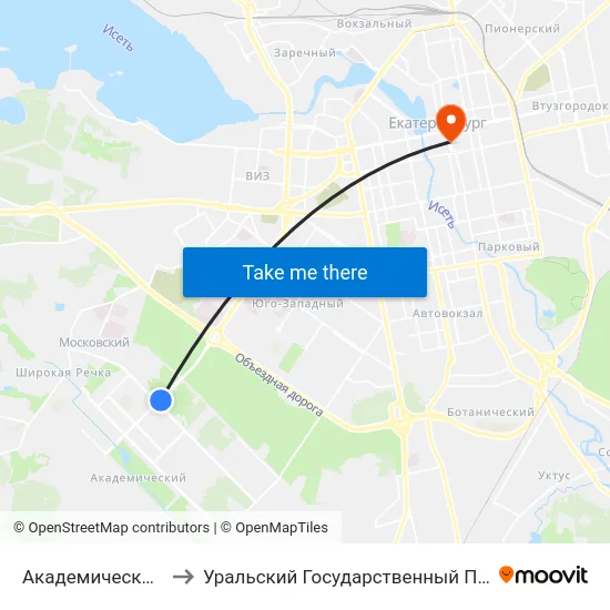 Академический Микрорайон to Уральский Государственный Педагогический Университет map