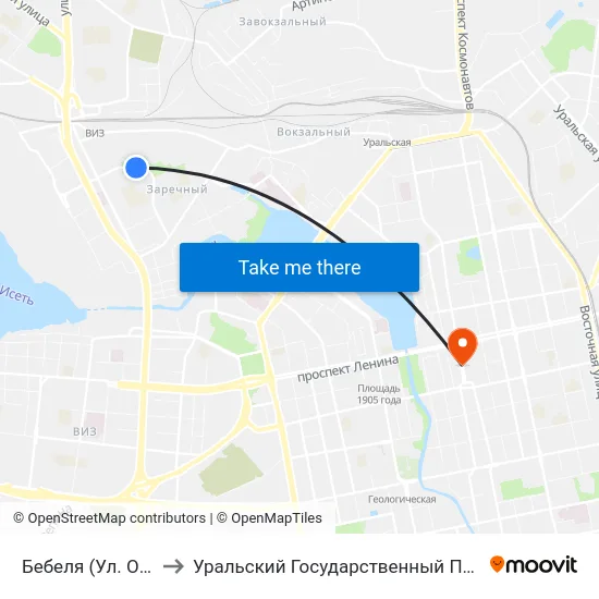 Бебеля (Ул. Опалихинская) to Уральский Государственный Педагогический Университет map